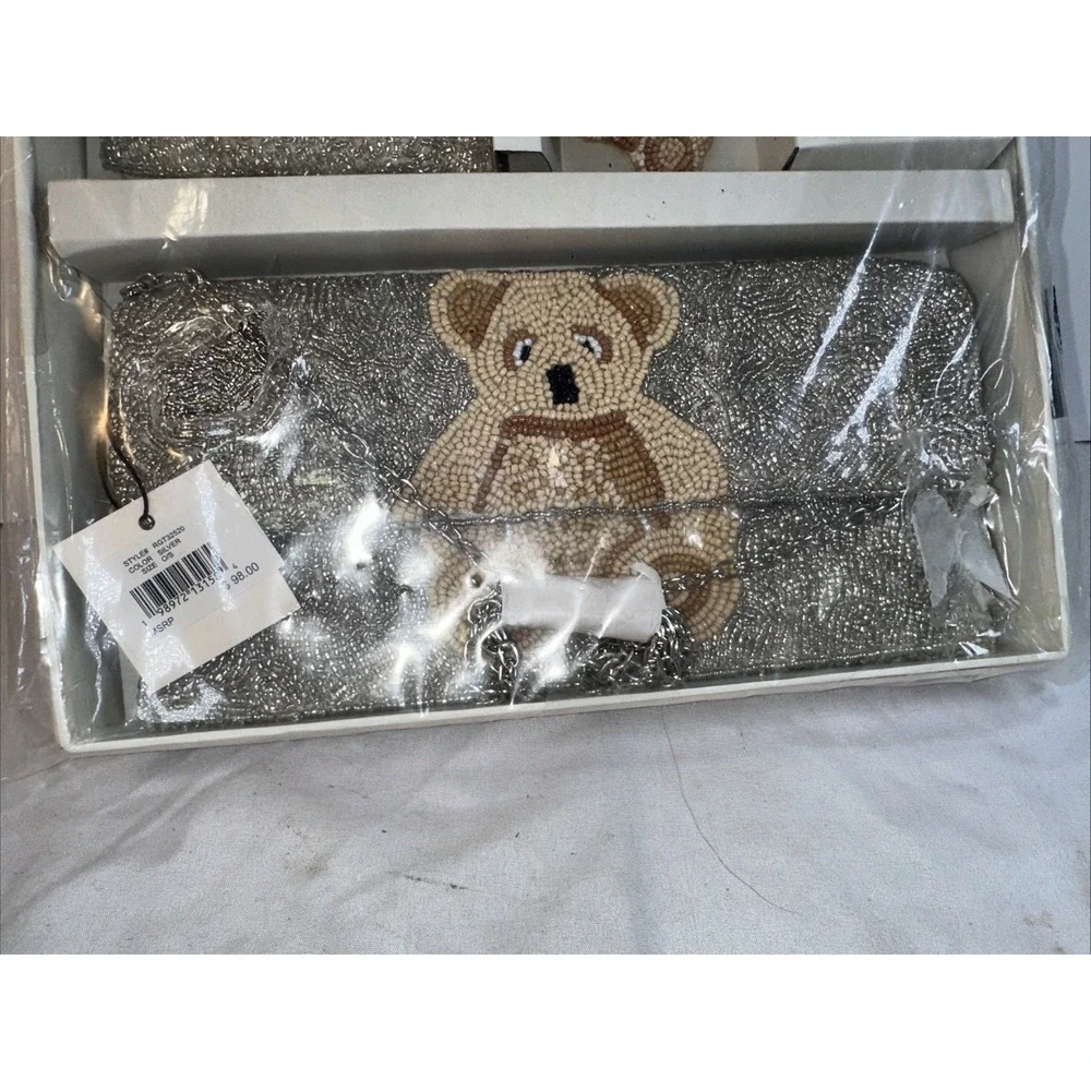 Rachel Zoe Beaded Teddy Bear 3 PC Gift Set Silver Clutch Card Case Bag Charm NIB